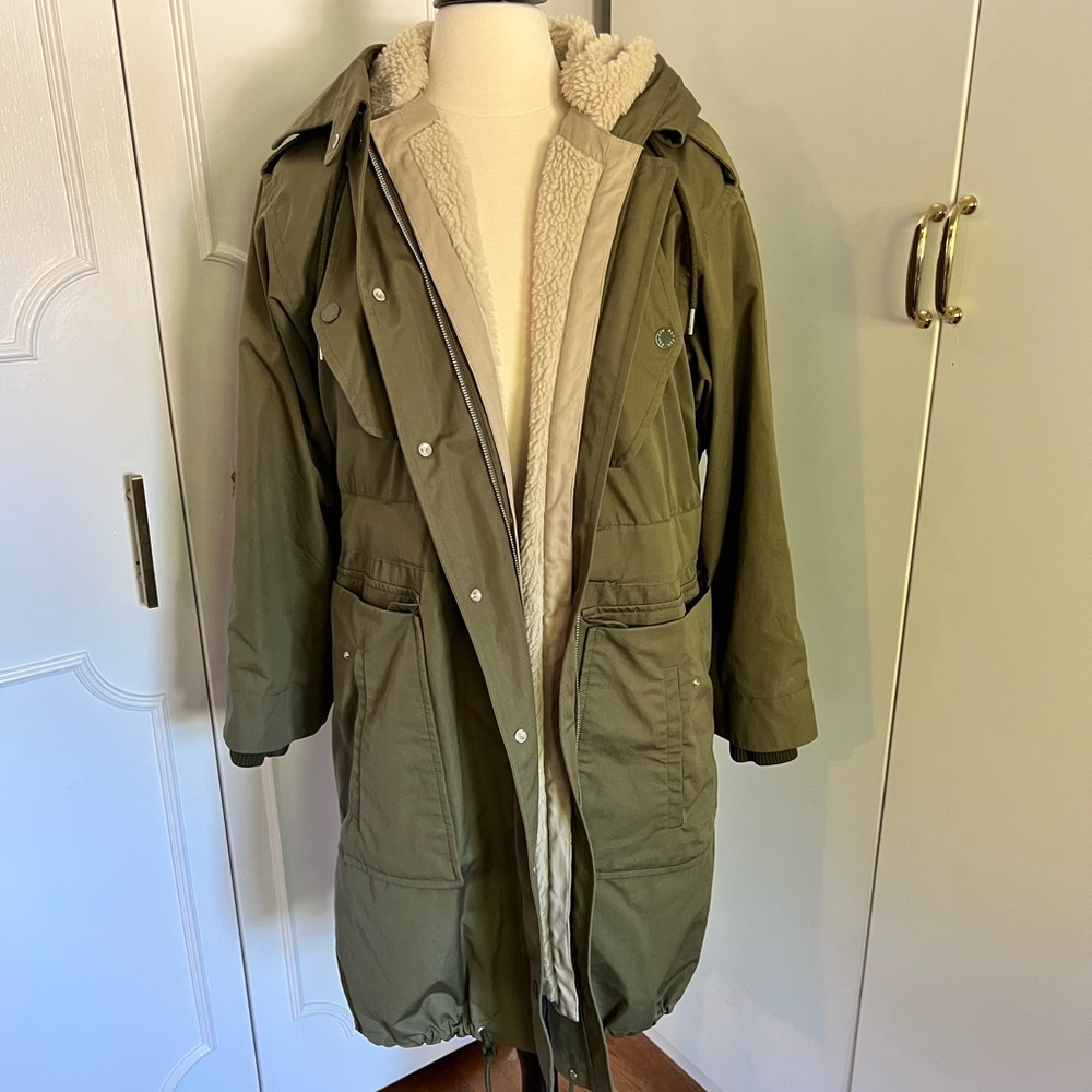 NWT Sandro Paris Fur lined Khaki winter coat $1110 original size 34